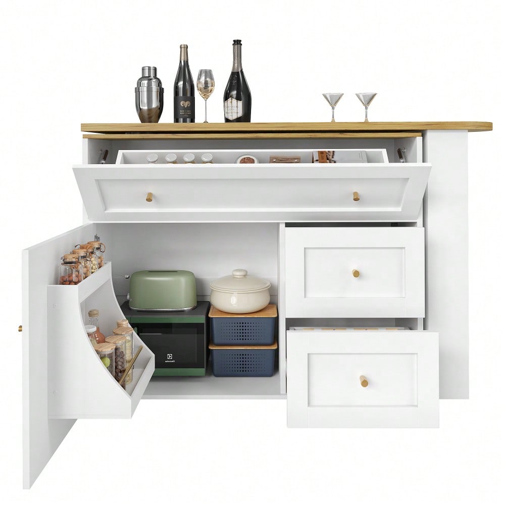Ausziehbarer Bartisch mit Stauraum(138-204×39×105cm) , Küchenschrank, Sideboard mit Snackregal, Teleskopischer Bartisch, Stehtisch Bistrotisch  Hochtisch Kücheninsel, weiß