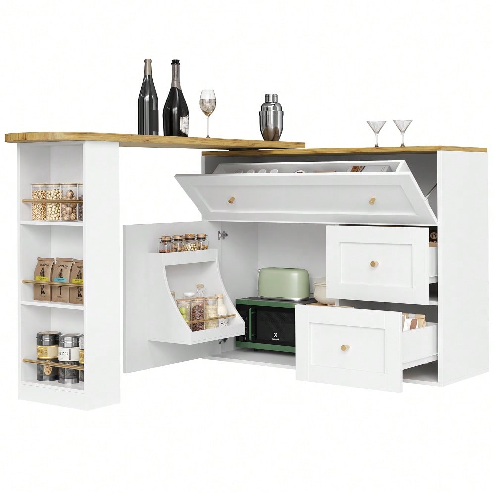 Ausziehbarer Bartisch mit Stauraum(138-204×39×105cm) , Küchenschrank, Sideboard mit Snackregal, Teleskopischer Bartisch, Stehtisch Bistrotisch  Hochtisch Kücheninsel, weiß