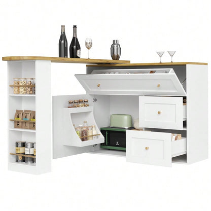 Ausziehbarer Bartisch mit Stauraum(138-204×39×105cm) , Küchenschrank, Sideboard mit Snackregal, Teleskopischer Bartisch, Stehtisch Bistrotisch  Hochtisch Kücheninsel, weiß