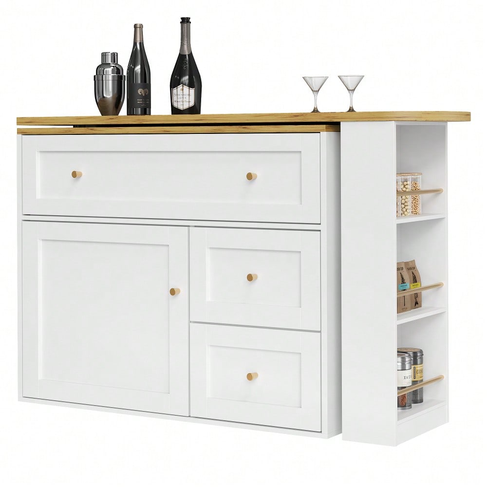 Ausziehbarer Bartisch mit Stauraum(138-204×39×105cm) , Küchenschrank, Sideboard mit Snackregal, Teleskopischer Bartisch, Stehtisch Bistrotisch  Hochtisch Kücheninsel, weiß