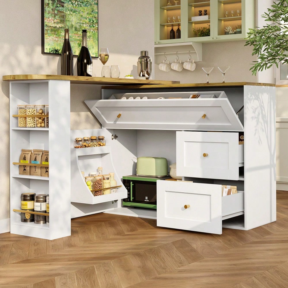 Ausziehbarer Bartisch mit Stauraum(138-204×39×105cm) , Küchenschrank, Sideboard mit Snackregal, Teleskopischer Bartisch, Stehtisch Bistrotisch  Hochtisch Kücheninsel, weiß