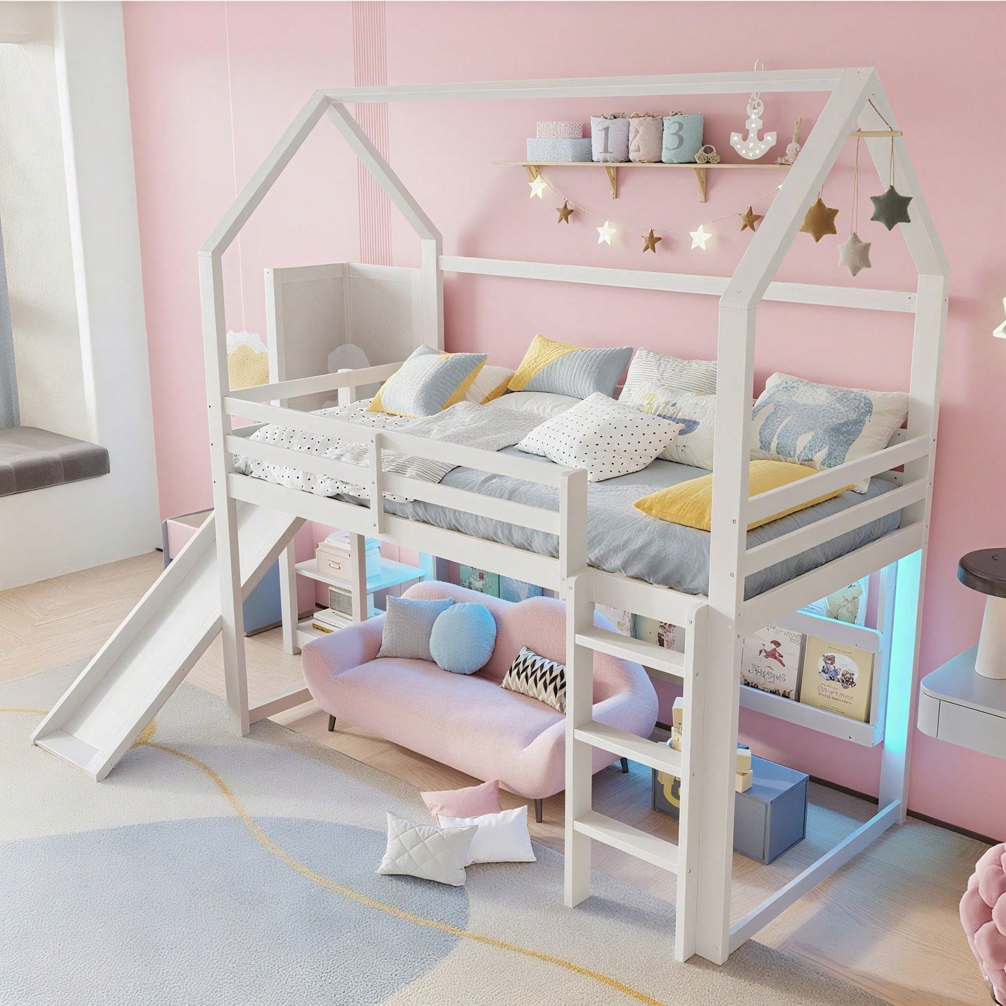 Hochbett, 90*200 cm, mit LED Leiste, Hausform, Regale,  Zaun,  ohne Matratze, weiß