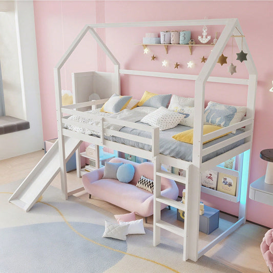 Hochbett, 90*200 cm, mit LED Leiste, Hausform, Regale,  Zaun,  ohne Matratze, weiß