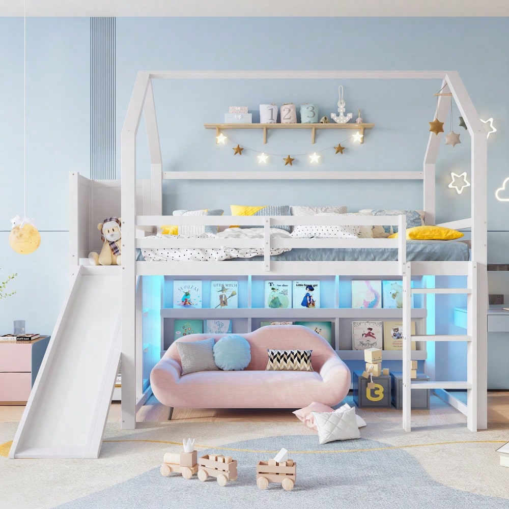 Hochbett, 90*200 cm, mit LED Leiste, Hausform, Regale,  Zaun,  ohne Matratze, weiß