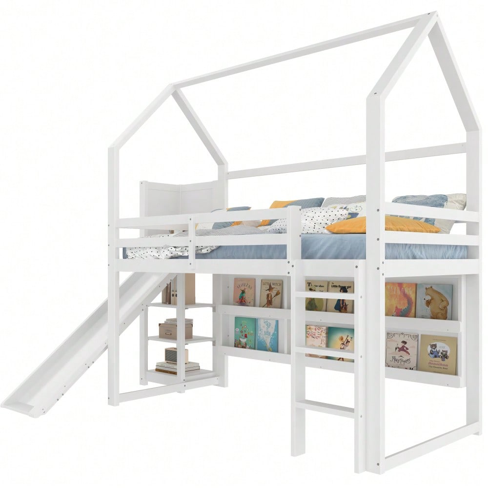 Hochbett, 90*200 cm, mit LED Leiste, Hausform, Regale,  Zaun,  ohne Matratze, weiß