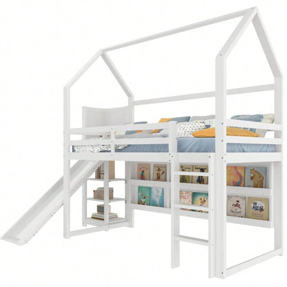 Hochbett, 90*200 cm, mit LED Leiste, Hausform, Regale,  Zaun,  ohne Matratze, weiß