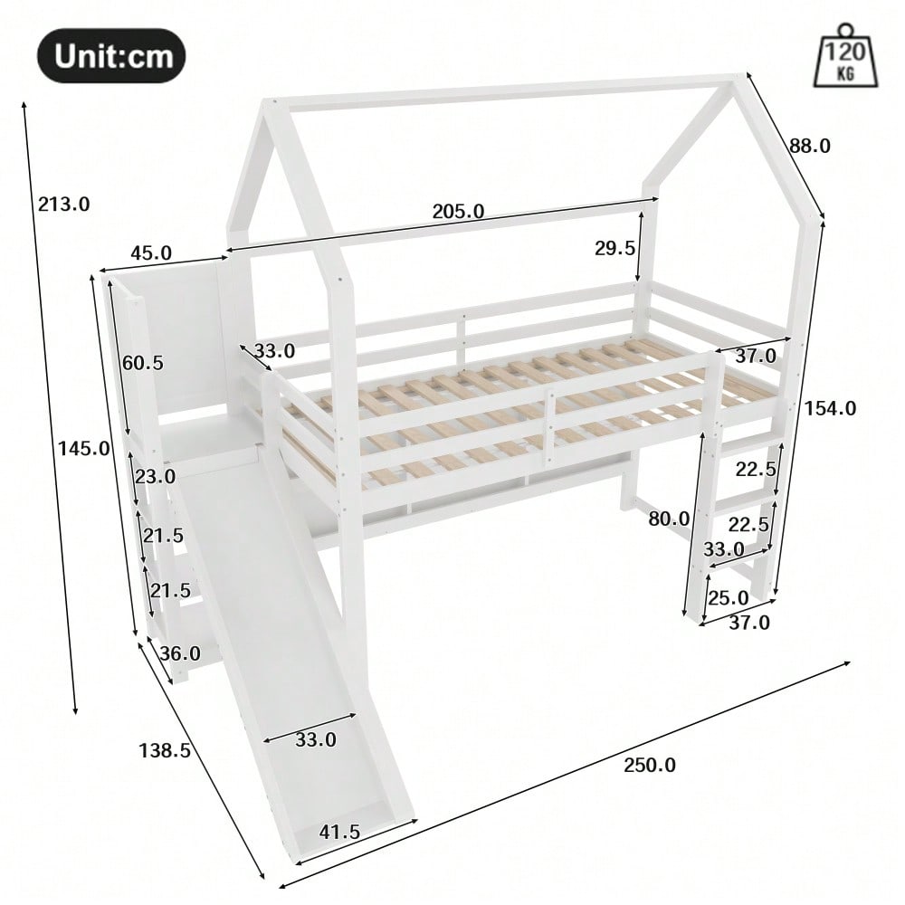 Hochbett, 90*200 cm, mit LED Leiste, Hausform, Regale,  Zaun,  ohne Matratze, weiß