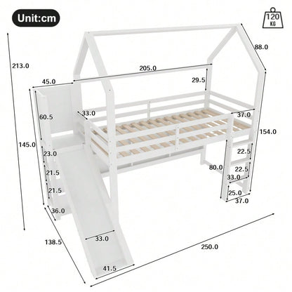 Hochbett, 90*200 cm, mit LED Leiste, Hausform, Regale,  Zaun,  ohne Matratze, weiß