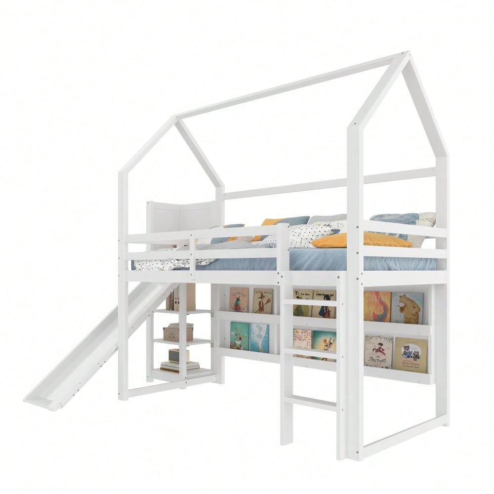Hochbett, 90*200 cm, mit LED Leiste, Hausform, Regale,  Zaun,  ohne Matratze, weiß