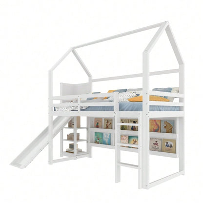 Hochbett, 90*200 cm, mit LED Leiste, Hausform, Regale,  Zaun,  ohne Matratze, weiß
