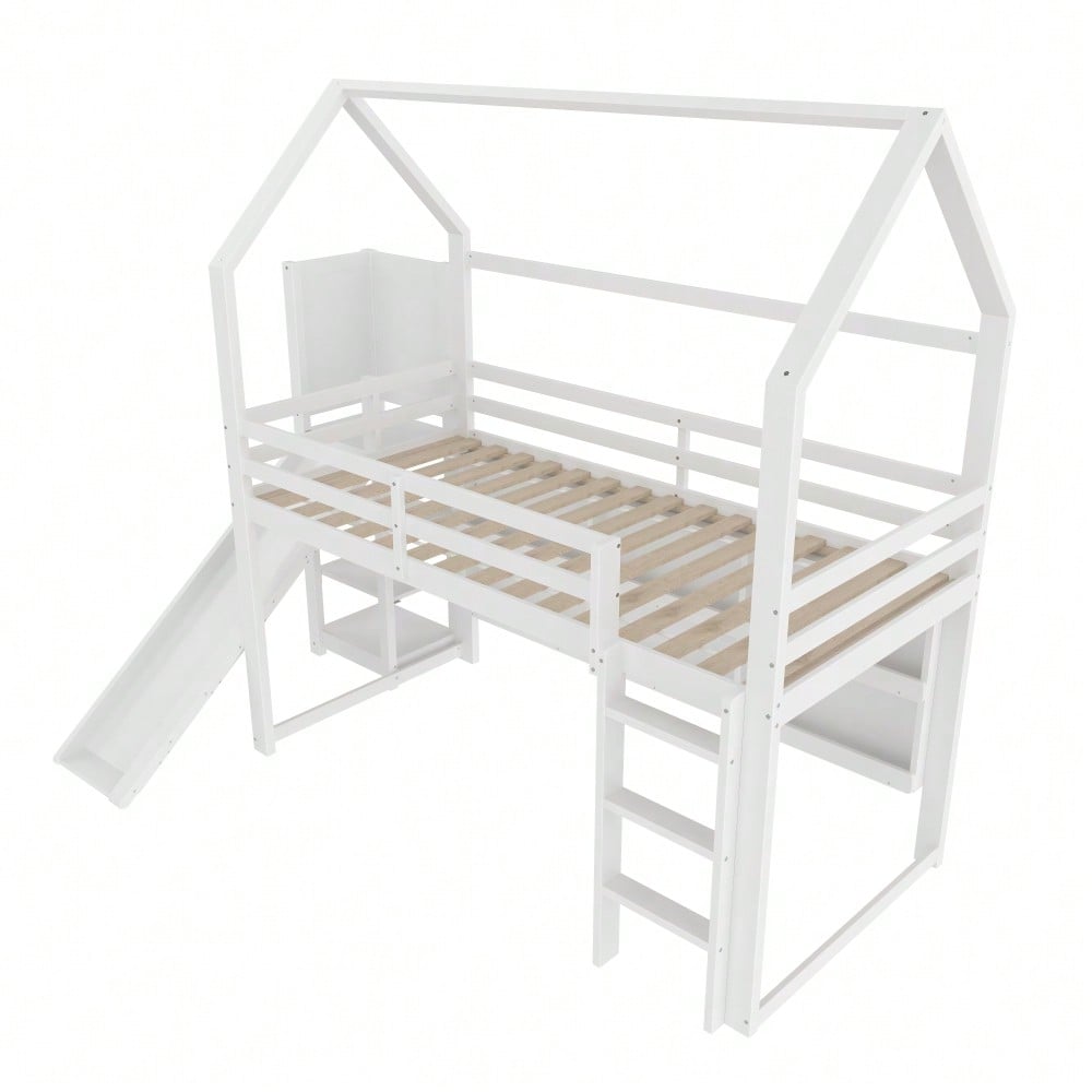 Hochbett, 90*200 cm, mit LED Leiste, Hausform, Regale,  Zaun,  ohne Matratze, weiß