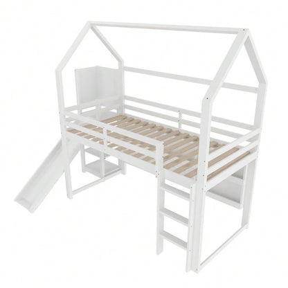 Hochbett, 90*200 cm, mit LED Leiste, Hausform, Regale,  Zaun,  ohne Matratze, weiß