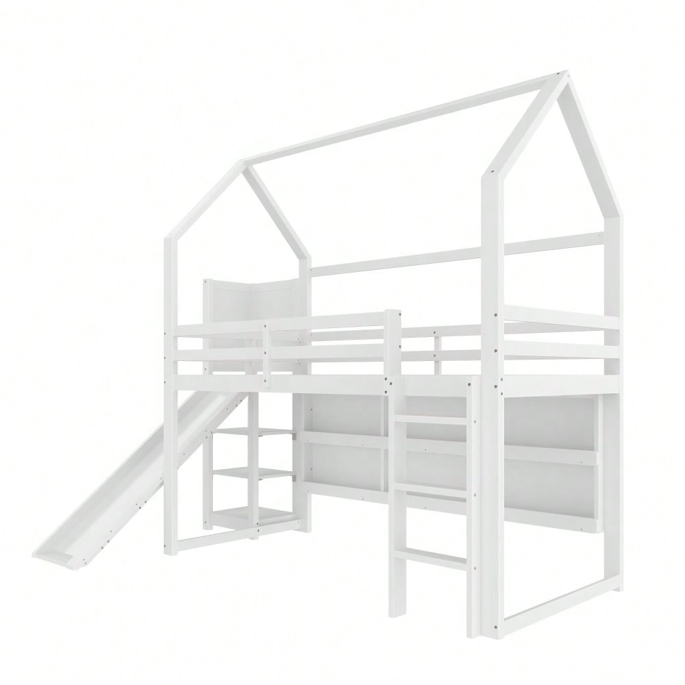 Hochbett, 90*200 cm, mit LED Leiste, Hausform, Regale,  Zaun,  ohne Matratze, weiß