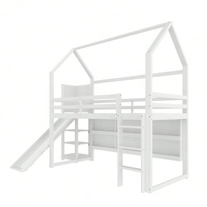 Hochbett, 90*200 cm, mit LED Leiste, Hausform, Regale,  Zaun,  ohne Matratze, weiß