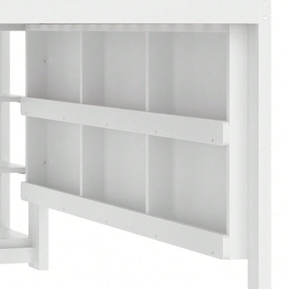 Hochbett, 90*200 cm, mit LED Leiste, Hausform, Regale,  Zaun,  ohne Matratze, weiß