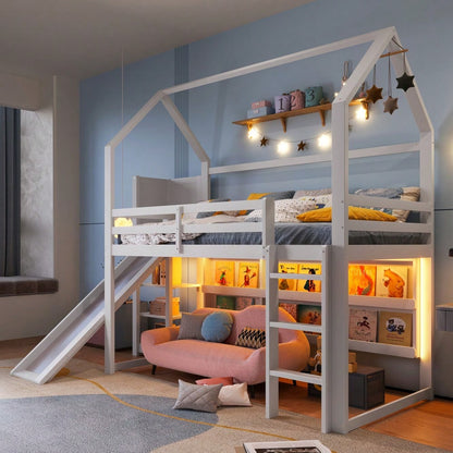 Hochbett, 90*200 cm, mit LED Leiste, Hausform, Regale,  Zaun,  ohne Matratze, weiß