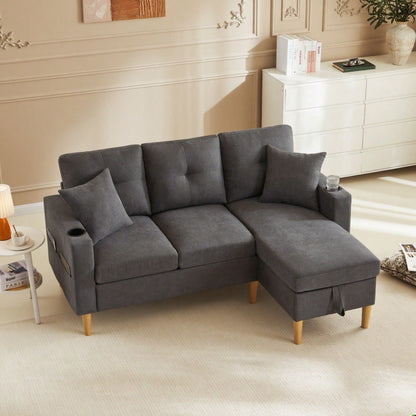 L-förmiges modernes Sofa, 3-Sitzer-Sofa mit Chaiselongue, Stauraum, integriertem Getränkehalter, wird mit 2 Kissen geliefert, geeignet für Wohnzimmer, Büro, Wohnung usw., Video verfügbar