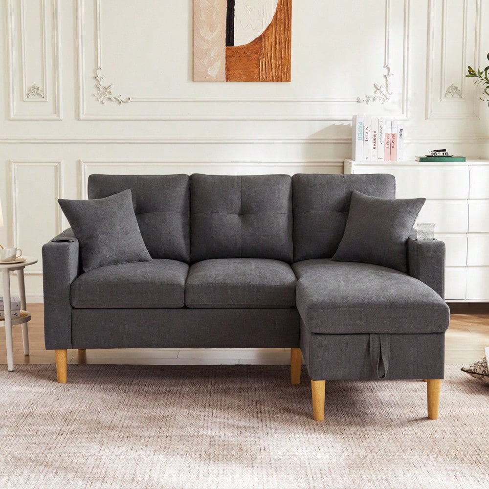 L-förmiges modernes Sofa, 3-Sitzer-Sofa mit Chaiselongue, Stauraum, integriertem Getränkehalter, wird mit 2 Kissen geliefert, geeignet für Wohnzimmer, Büro, Wohnung usw., Video verfügbar