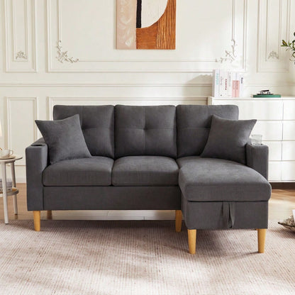 L-förmiges modernes Sofa, 3-Sitzer-Sofa mit Chaiselongue, Stauraum, integriertem Getränkehalter, wird mit 2 Kissen geliefert, geeignet für Wohnzimmer, Büro, Wohnung usw., Video verfügbar