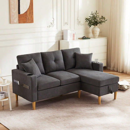 L-förmiges modernes Sofa, 3-Sitzer-Sofa mit Chaiselongue, Stauraum, integriertem Getränkehalter, wird mit 2 Kissen geliefert, geeignet für Wohnzimmer, Büro, Wohnung usw., Video verfügbar