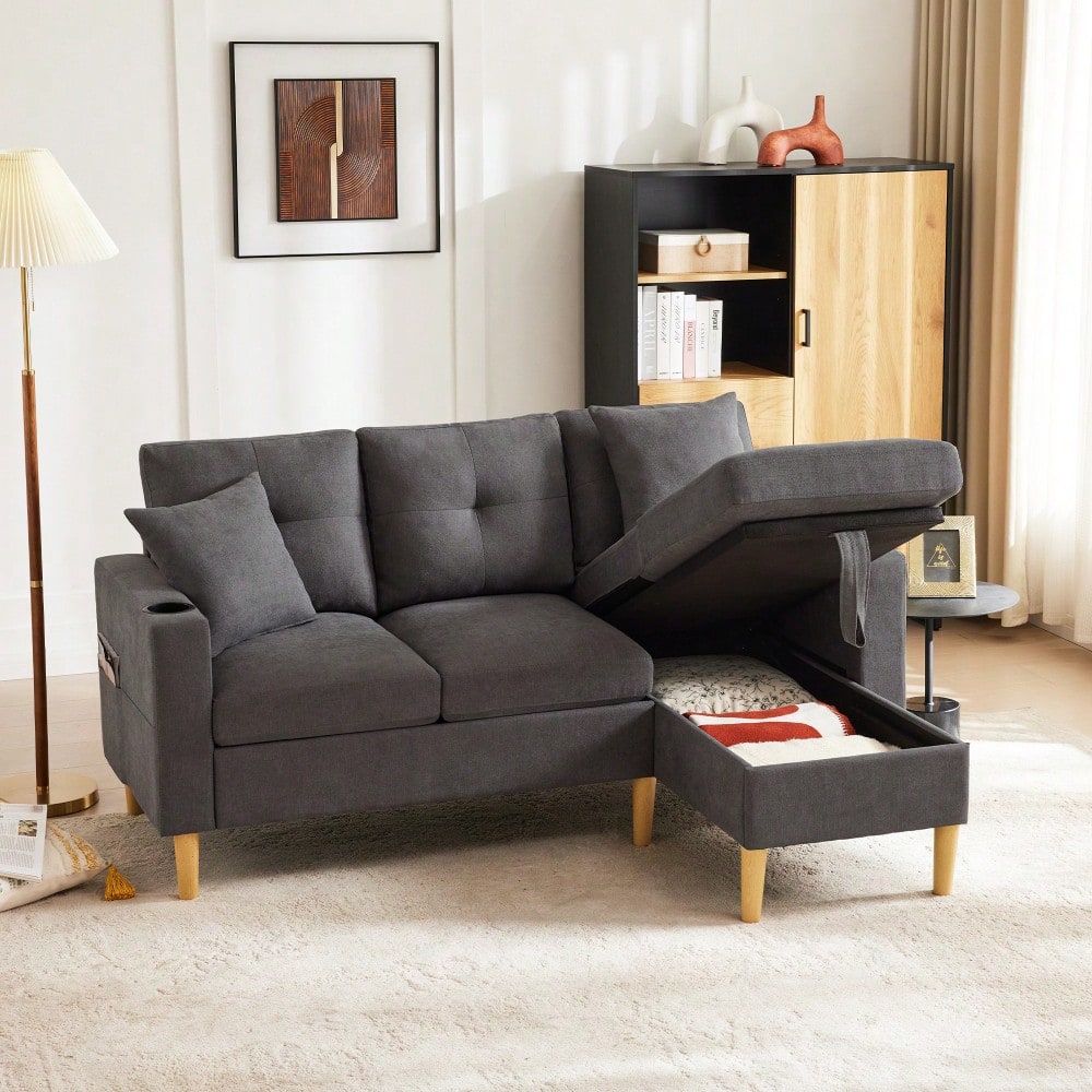L-förmiges modernes Sofa, 3-Sitzer-Sofa mit Chaiselongue, Stauraum, integriertem Getränkehalter, wird mit 2 Kissen geliefert, geeignet für Wohnzimmer, Büro, Wohnung usw., Video verfügbar