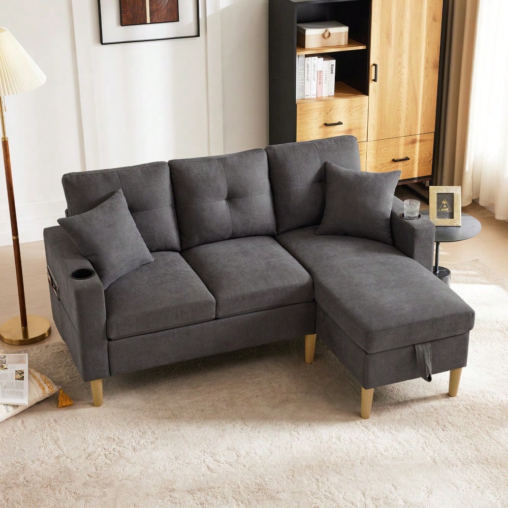 L-förmiges modernes Sofa, 3-Sitzer-Sofa mit Chaiselongue, Stauraum, integriertem Getränkehalter, wird mit 2 Kissen geliefert, geeignet für Wohnzimmer, Büro, Wohnung usw., Video verfügbar