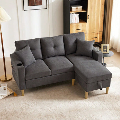 L-förmiges modernes Sofa, 3-Sitzer-Sofa mit Chaiselongue, Stauraum, integriertem Getränkehalter, wird mit 2 Kissen geliefert, geeignet für Wohnzimmer, Büro, Wohnung usw., Video verfügbar