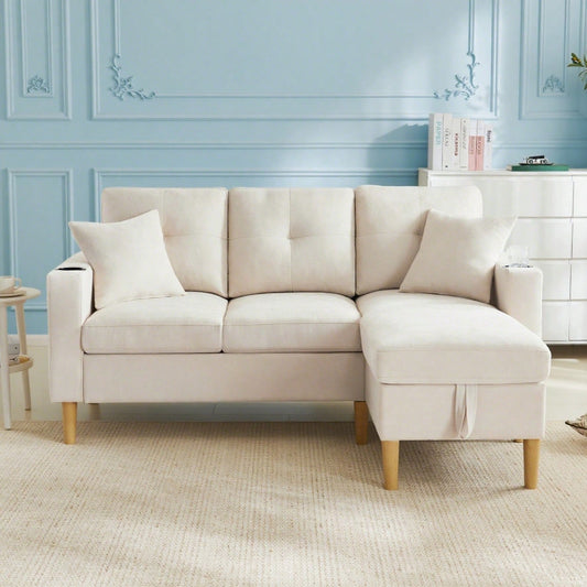 L-förmiges modernes Sofa, 3-Sitzer-Sofa mit Chaiselongue, Stauraum, integriertem Getränkehalter, wird mit 2 Kissen geliefert, geeignet für Wohnzimmer, Büro, Wohnung usw., Video verfügbar