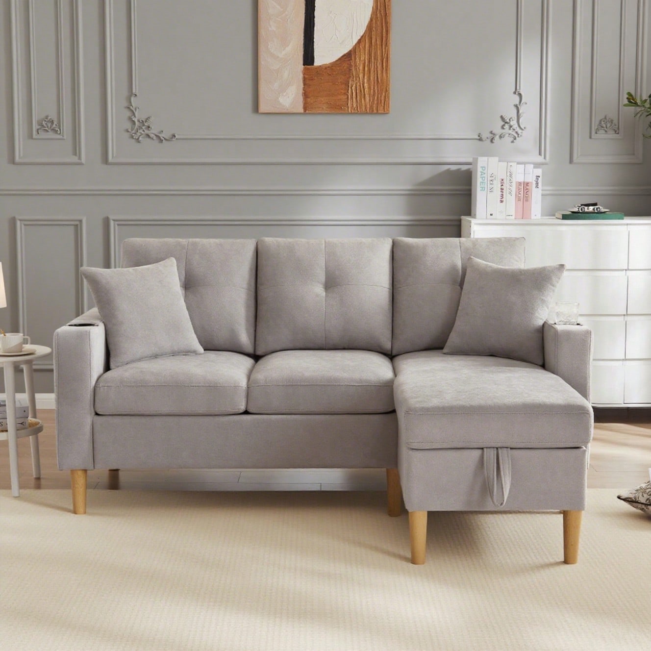 L-förmiges modernes Sofa, 3-Sitzer-Sofa mit Chaiselongue, Stauraum, integriertem Getränkehalter, wird mit 2 Kissen geliefert, geeignet für Wohnzimmer, Büro, Wohnung usw., Video verfügbar