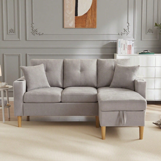 L-förmiges modernes Sofa, 3-Sitzer-Sofa mit Chaiselongue, Stauraum, integriertem Getränkehalter, wird mit 2 Kissen geliefert, geeignet für Wohnzimmer, Büro, Wohnung usw., Video verfügbar