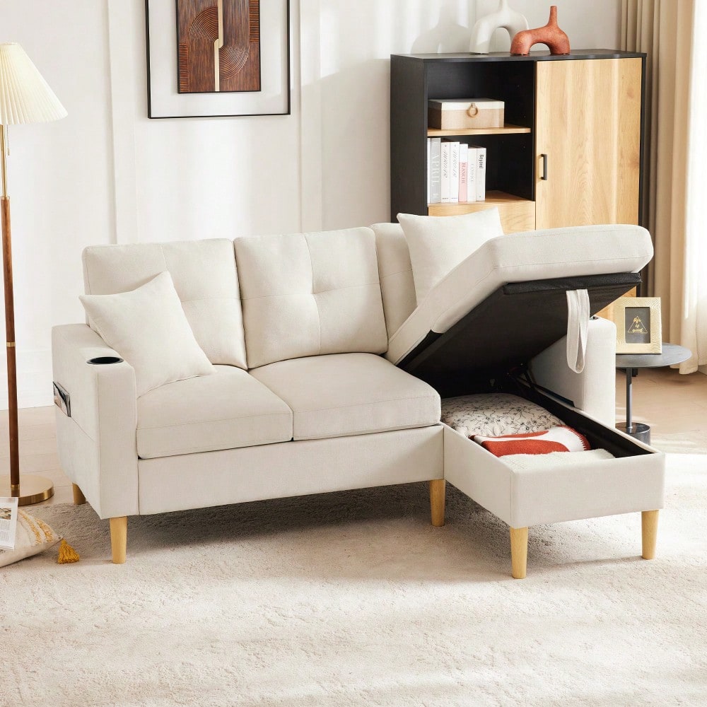L-förmiges modernes Sofa, 3-Sitzer-Sofa mit Chaiselongue, Stauraum, integriertem Getränkehalter, wird mit 2 Kissen geliefert, geeignet für Wohnzimmer, Büro, Wohnung usw., Video verfügbar