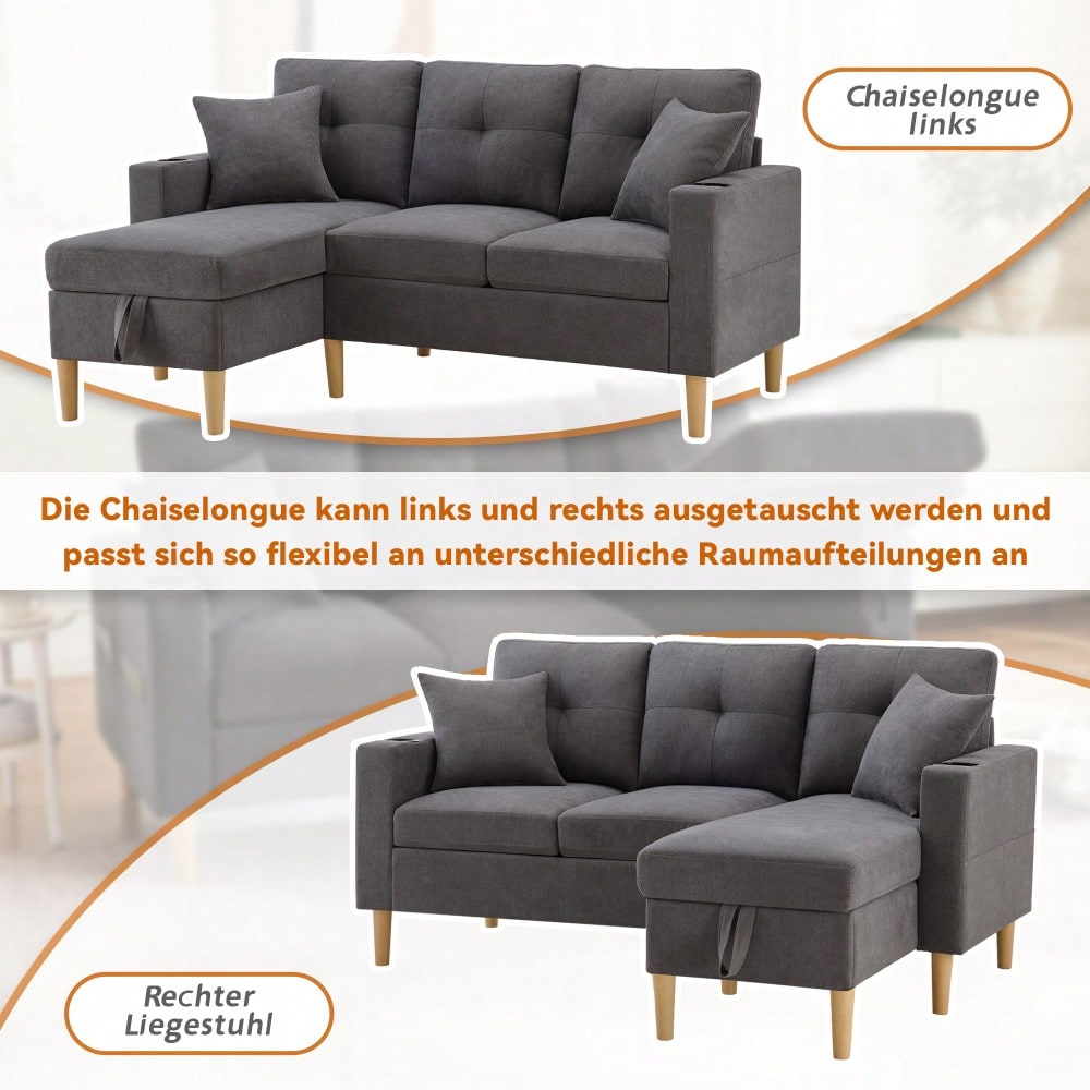L-förmiges modernes Sofa, 3-Sitzer-Sofa mit Chaiselongue, Stauraum, integriertem Getränkehalter, wird mit 2 Kissen geliefert, geeignet für Wohnzimmer, Büro, Wohnung usw., Video verfügbar