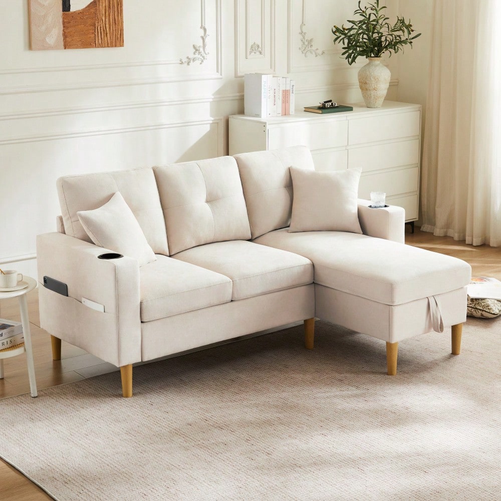 L-förmiges modernes Sofa, 3-Sitzer-Sofa mit Chaiselongue, Stauraum, integriertem Getränkehalter, wird mit 2 Kissen geliefert, geeignet für Wohnzimmer, Büro, Wohnung usw., Video verfügbar