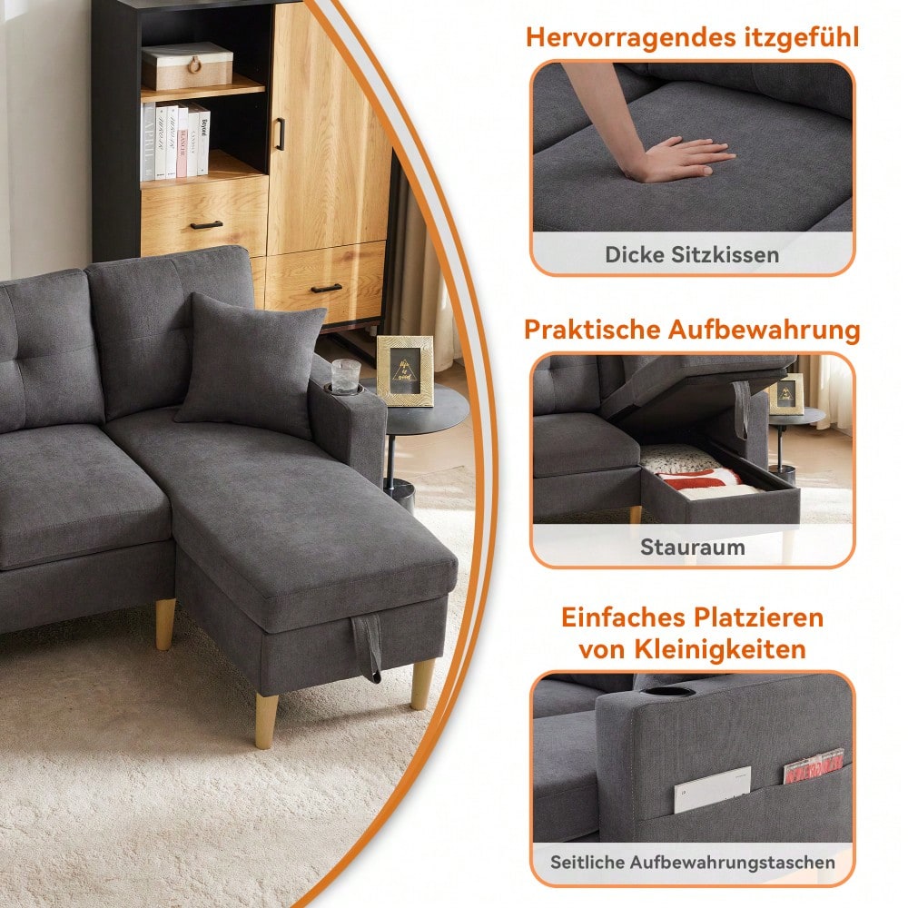 L-förmiges modernes Sofa, 3-Sitzer-Sofa mit Chaiselongue, Stauraum, integriertem Getränkehalter, wird mit 2 Kissen geliefert, geeignet für Wohnzimmer, Büro, Wohnung usw., Video verfügbar