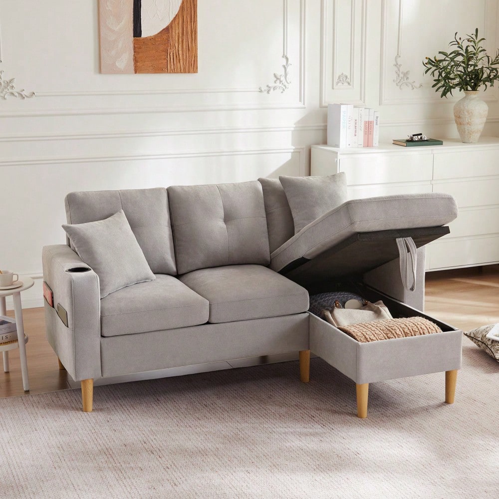 L-förmiges modernes Sofa, 3-Sitzer-Sofa mit Chaiselongue, Stauraum, integriertem Getränkehalter, wird mit 2 Kissen geliefert, geeignet für Wohnzimmer, Büro, Wohnung usw., Video verfügbar