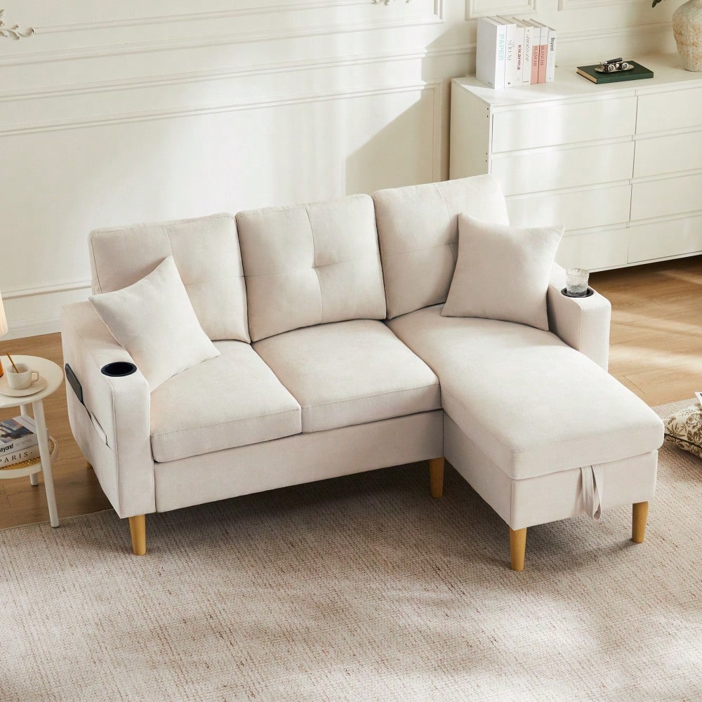 L-förmiges modernes Sofa, 3-Sitzer-Sofa mit Chaiselongue, Stauraum, integriertem Getränkehalter, wird mit 2 Kissen geliefert, geeignet für Wohnzimmer, Büro, Wohnung usw., Video verfügbar