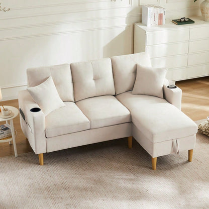 L-förmiges modernes Sofa, 3-Sitzer-Sofa mit Chaiselongue, Stauraum, integriertem Getränkehalter, wird mit 2 Kissen geliefert, geeignet für Wohnzimmer, Büro, Wohnung usw., Video verfügbar