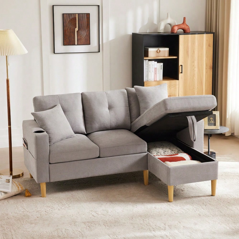 L-förmiges modernes Sofa, 3-Sitzer-Sofa mit Chaiselongue, Stauraum, integriertem Getränkehalter, wird mit 2 Kissen geliefert, geeignet für Wohnzimmer, Büro, Wohnung usw., Video verfügbar