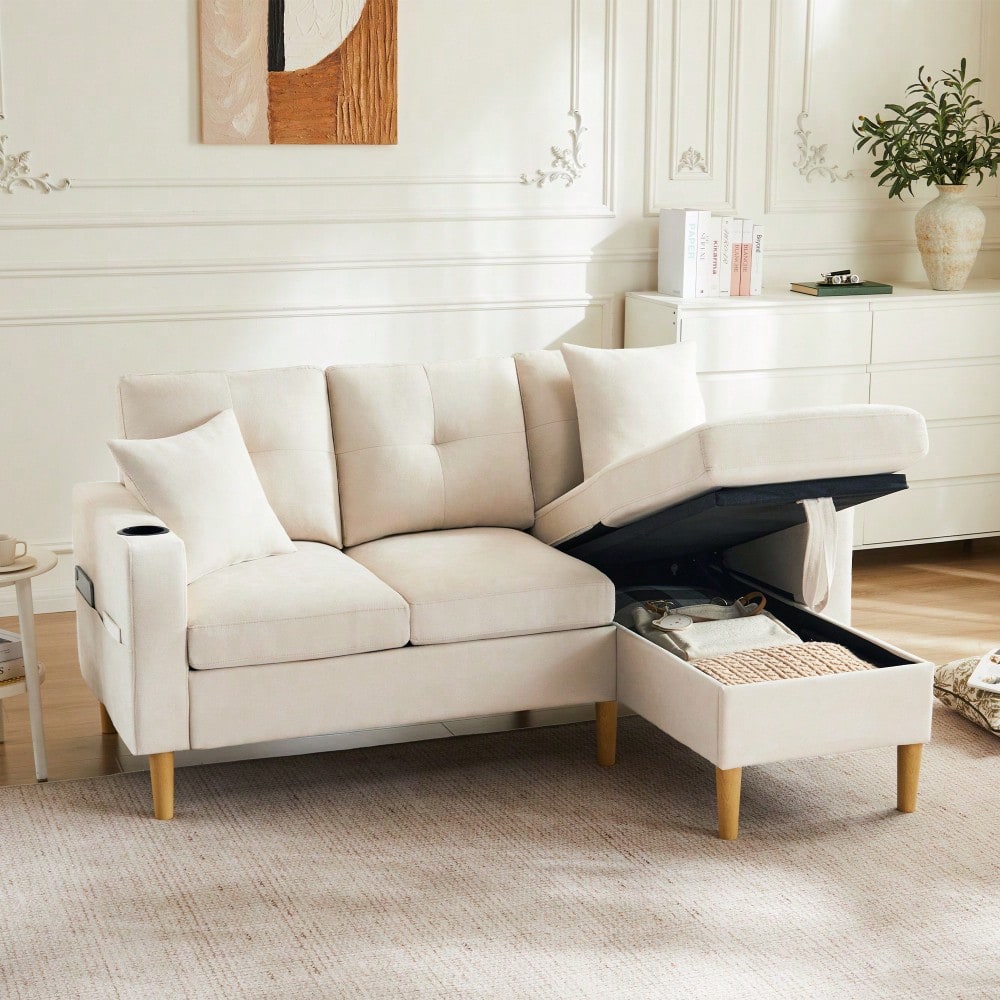 L-förmiges modernes Sofa, 3-Sitzer-Sofa mit Chaiselongue, Stauraum, integriertem Getränkehalter, wird mit 2 Kissen geliefert, geeignet für Wohnzimmer, Büro, Wohnung usw., Video verfügbar