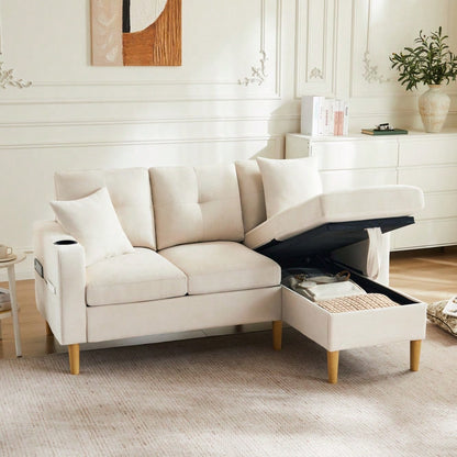 L-förmiges modernes Sofa, 3-Sitzer-Sofa mit Chaiselongue, Stauraum, integriertem Getränkehalter, wird mit 2 Kissen geliefert, geeignet für Wohnzimmer, Büro, Wohnung usw., Video verfügbar