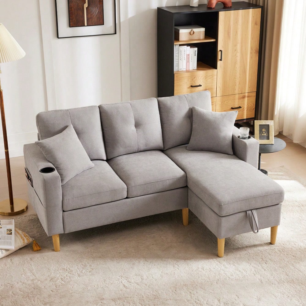 L-förmiges modernes Sofa, 3-Sitzer-Sofa mit Chaiselongue, Stauraum, integriertem Getränkehalter, wird mit 2 Kissen geliefert, geeignet für Wohnzimmer, Büro, Wohnung usw., Video verfügbar