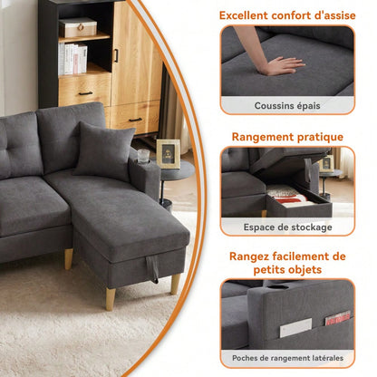 L-förmiges modernes Sofa, 3-Sitzer-Sofa mit Chaiselongue, Stauraum, integriertem Getränkehalter, wird mit 2 Kissen geliefert, geeignet für Wohnzimmer, Büro, Wohnung usw., Video verfügbar
