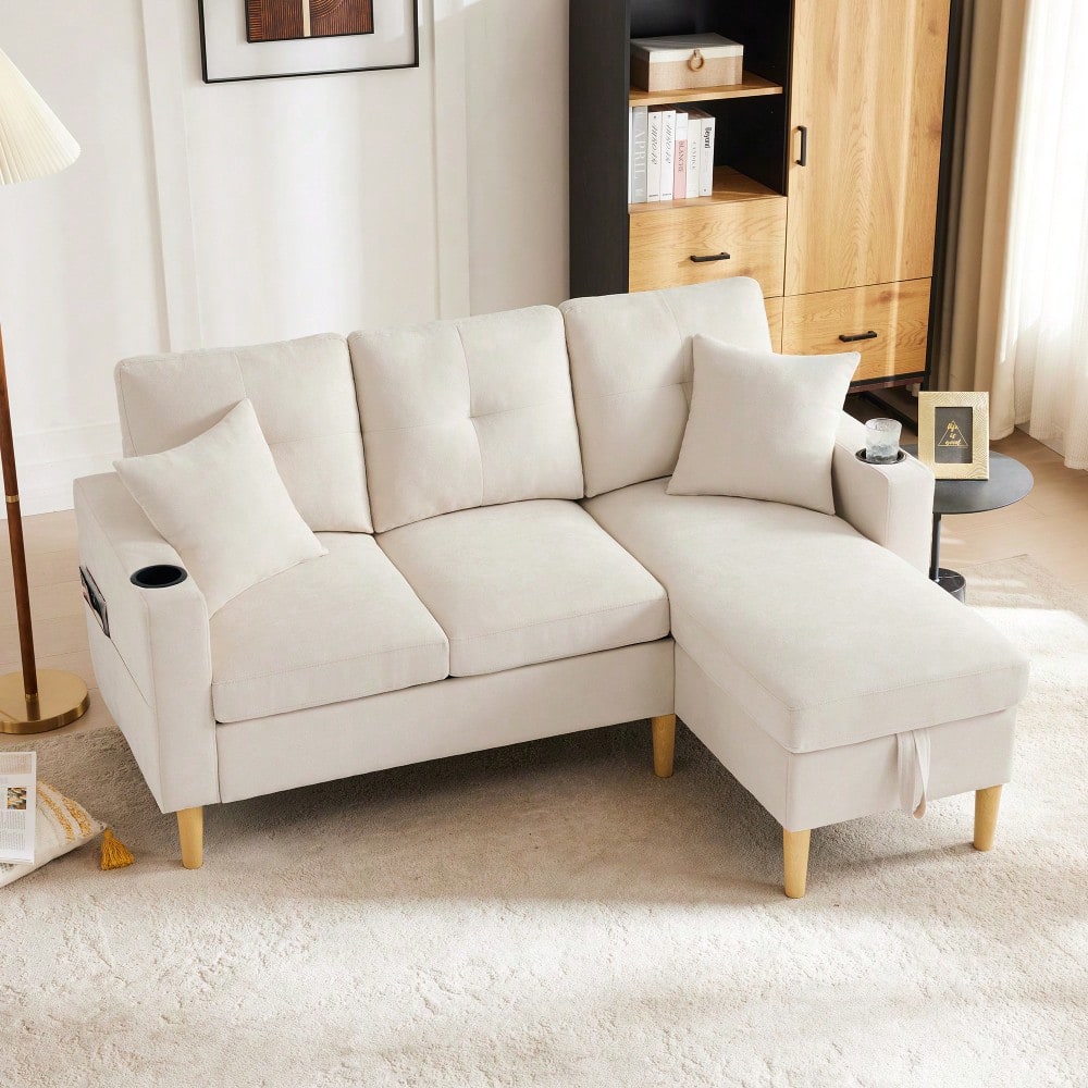 L-förmiges modernes Sofa, 3-Sitzer-Sofa mit Chaiselongue, Stauraum, integriertem Getränkehalter, wird mit 2 Kissen geliefert, geeignet für Wohnzimmer, Büro, Wohnung usw., Video verfügbar