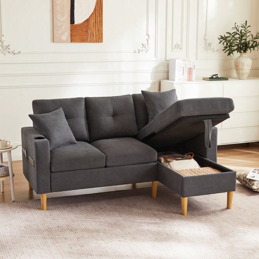 L-förmiges modernes Sofa, 3-Sitzer-Sofa mit Chaiselongue, Stauraum, integriertem Getränkehalter, wird mit 2 Kissen geliefert, geeignet für Wohnzimmer, Büro, Wohnung usw., Video verfügbar