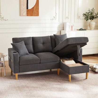 L-förmiges modernes Sofa, 3-Sitzer-Sofa mit Chaiselongue, Stauraum, integriertem Getränkehalter, wird mit 2 Kissen geliefert, geeignet für Wohnzimmer, Büro, Wohnung usw., Video verfügbar
