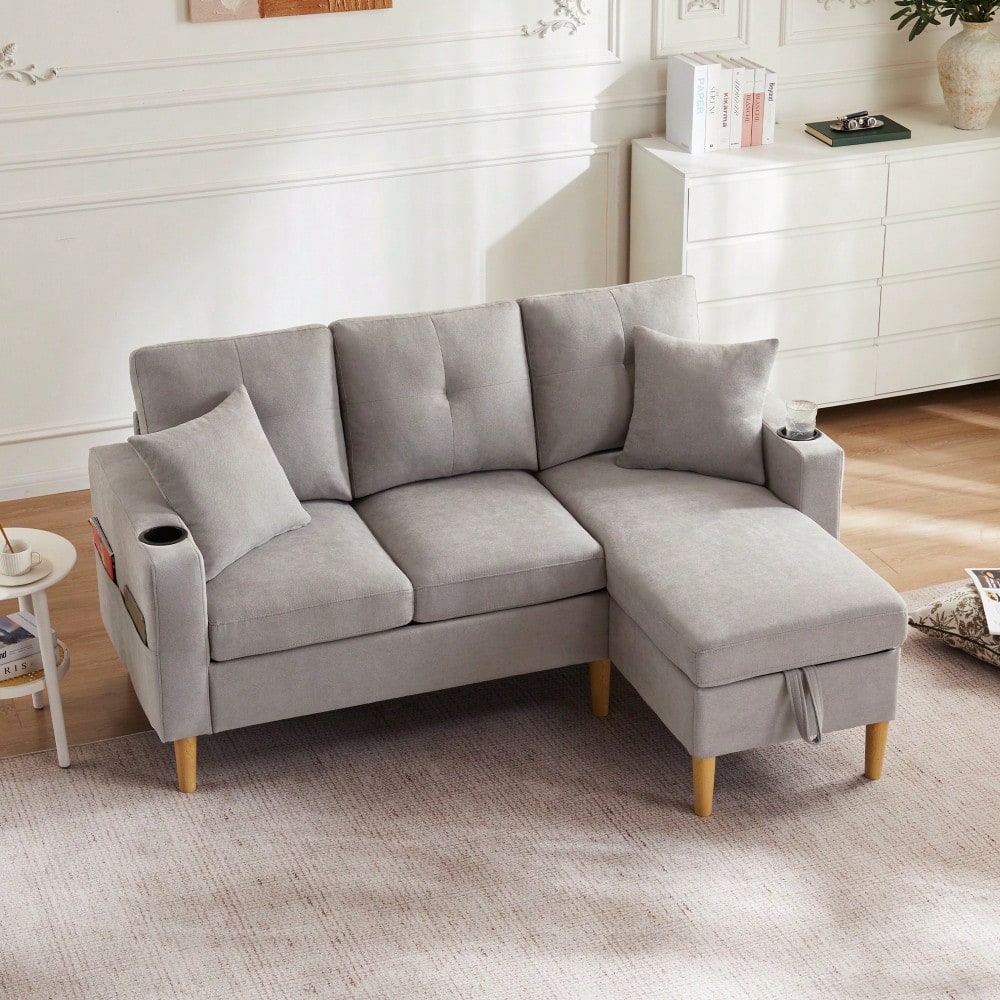 L-förmiges modernes Sofa, 3-Sitzer-Sofa mit Chaiselongue, Stauraum, integriertem Getränkehalter, wird mit 2 Kissen geliefert, geeignet für Wohnzimmer, Büro, Wohnung usw., Video verfügbar