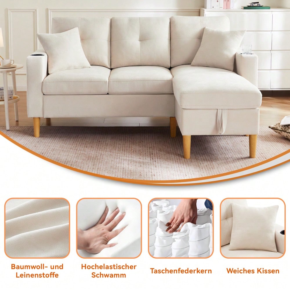 L-förmiges modernes Sofa, 3-Sitzer-Sofa mit Chaiselongue, Stauraum, integriertem Getränkehalter, wird mit 2 Kissen geliefert, geeignet für Wohnzimmer, Büro, Wohnung usw., Video verfügbar