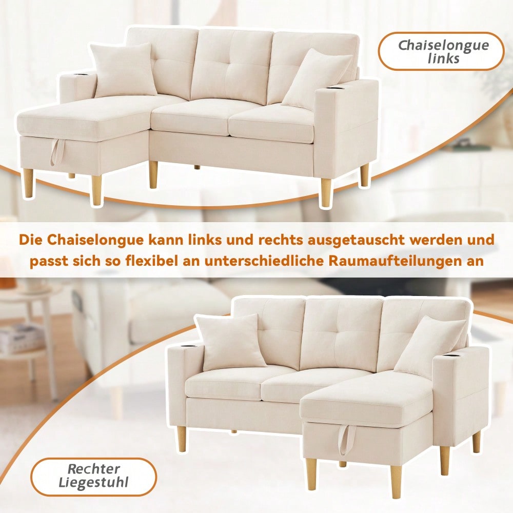 L-förmiges modernes Sofa, 3-Sitzer-Sofa mit Chaiselongue, Stauraum, integriertem Getränkehalter, wird mit 2 Kissen geliefert, geeignet für Wohnzimmer, Büro, Wohnung usw., Video verfügbar