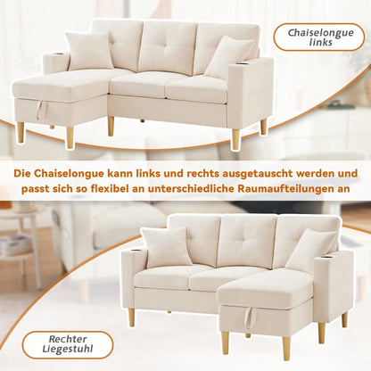 L-förmiges modernes Sofa, 3-Sitzer-Sofa mit Chaiselongue, Stauraum, integriertem Getränkehalter, wird mit 2 Kissen geliefert, geeignet für Wohnzimmer, Büro, Wohnung usw., Video verfügbar