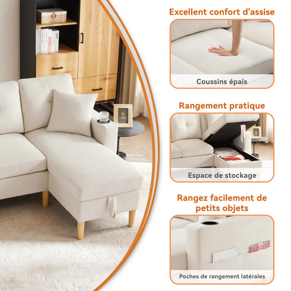 L-förmiges modernes Sofa, 3-Sitzer-Sofa mit Chaiselongue, Stauraum, integriertem Getränkehalter, wird mit 2 Kissen geliefert, geeignet für Wohnzimmer, Büro, Wohnung usw., Video verfügbar